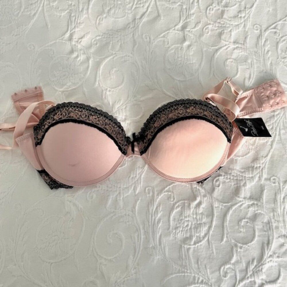 NWT Rene Rofe Push-Up Pink Black Lace Bra Lingerie Intimates Size 38C